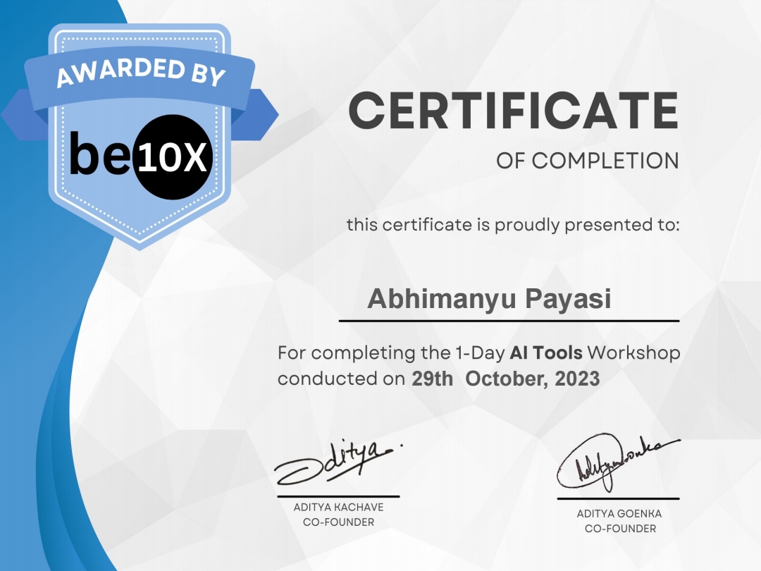 Abhimanyu Payasi - AI Tool Mastery Certificate of Completion