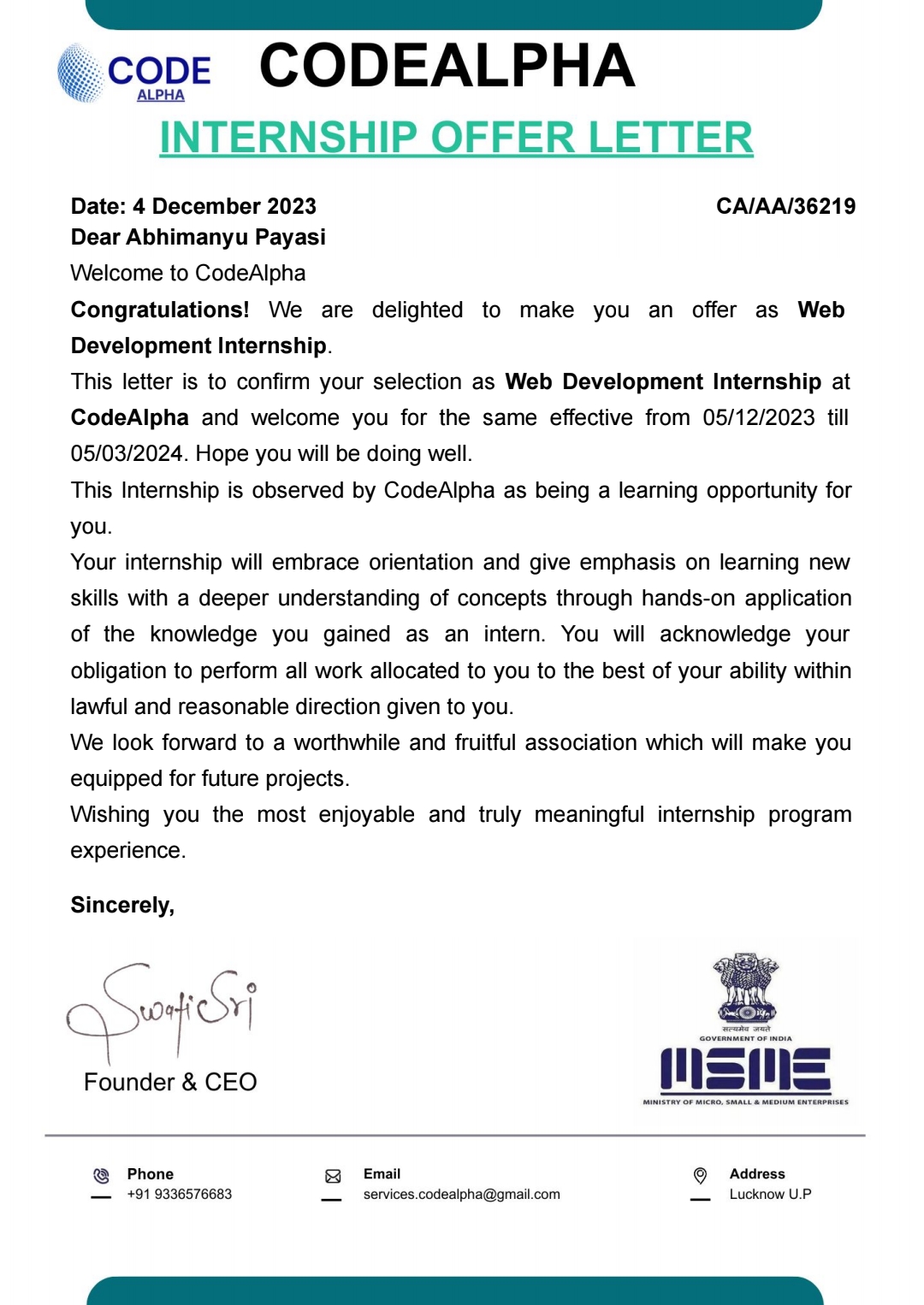 Abhimanyu Payasi -Internship Offer Letter