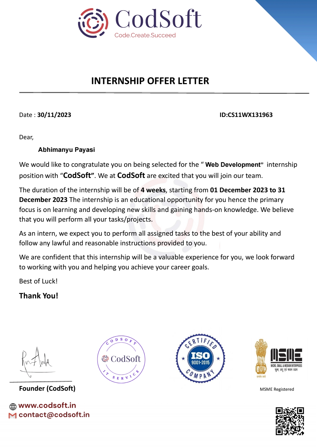 Abhimanyu Payasi - Internship Offer Letter