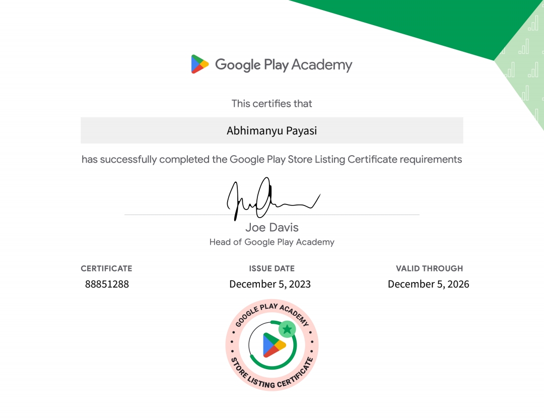 Abhimanyu Payasi - Google Play Store Certification Badge